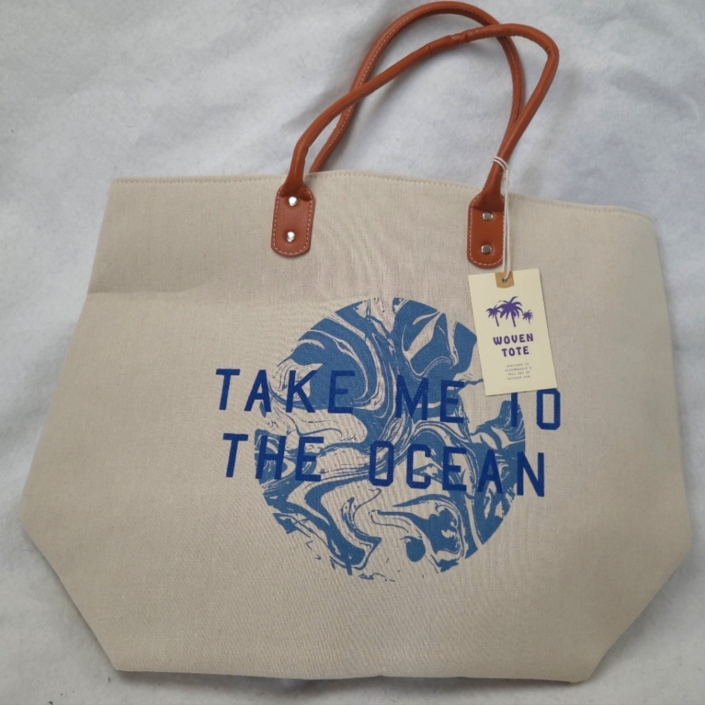 Large 15x20" beige & blue Woven Beach tote "take me to the ocean". New